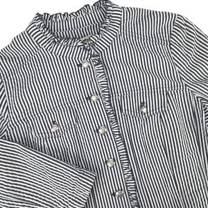 Sandro L Womens Navy White Striped Seersucker Ruffle Trim Button Jacket Blazer